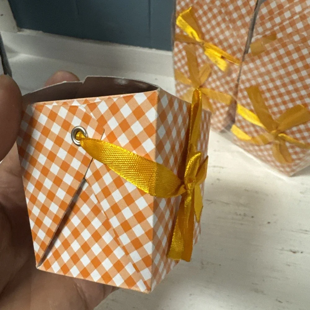12 Mini Take‎ Out Boxes Gingham Orange White Check W/ Handle Goody Party Favor
